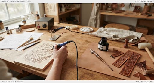 An advanced workshop bench with an electric pyrography woodburning pen and etched panels