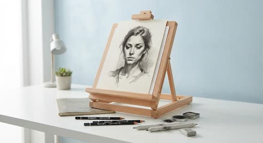 A wooden easel holding a detailed charcoal portrait study with blending stumps and graphite dust