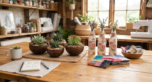 An eco-friendly workshop bench with polished coconut shell planters and decoupaged bottles