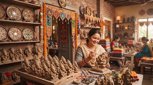 A festive craft workshop with eco-clay Ganesha sculptures, marigold torans and pooja thalis