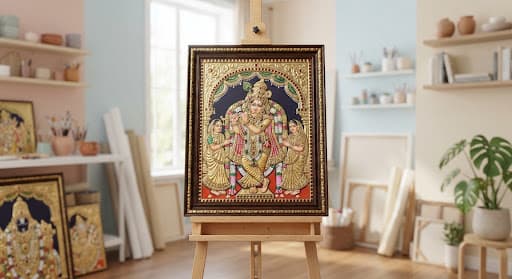 An intricate South Indian Tanjore painting with sacred gold-leaf embossing