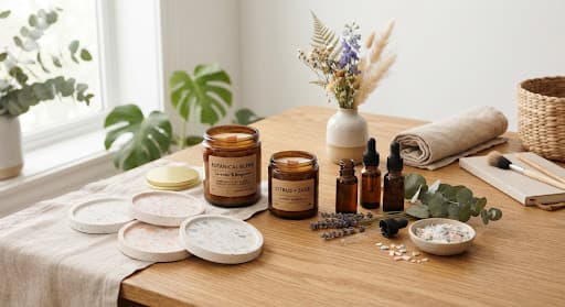 An artisanal lifestyle craft table with terrazzo coasters, soy candles and mosaic tiles