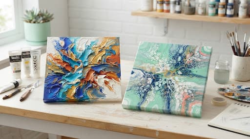A heavily textured acrylic impasto canvas sculpted with palette knives beside fluid acrylic pours