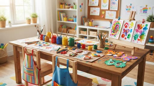 A bright children's art studio table with safe non-toxic colours and clay