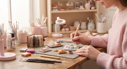 A miniature art workshop desk with micro sculpting tools, tiny polymer clay pieces and diorama books