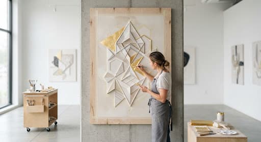 A decorative mural in progress on a large wooden panel with geometric plaster relief and gold leafing