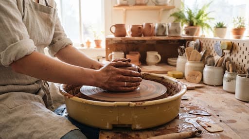 Artisan hands centering wet terracotta clay on a spinning pottery wheel in a sunlit workshop