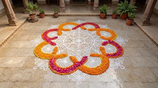 A courtyard floor with an intricate white rice-flour kolam pattern