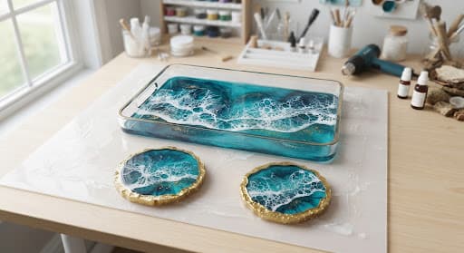 Clear epoxy resin trays with realistic white seafoam ocean wave detailing