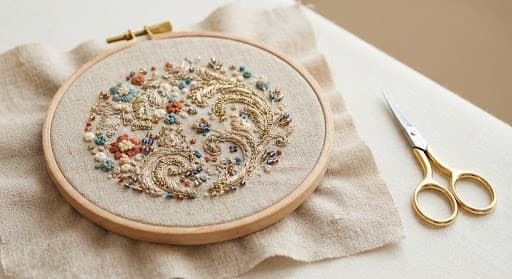 A wooden embroidery hoop holding raw linen with fine metallic threadwork