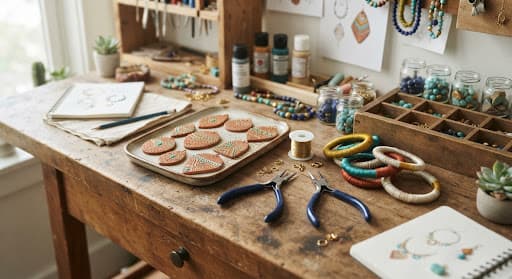 A jewellery workstation displaying baked terracotta pendants and oxidized wire wrapping