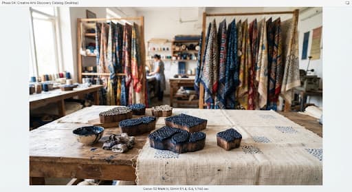 Hand-carved wooden printing blocks soaking in natural indigo pigment beside dyed cloth