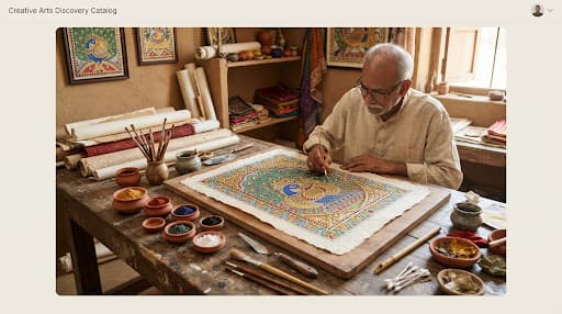 Madhubani peacock motifs and Tanjore gold-embossed relief with natural pigment pots and fine brushes