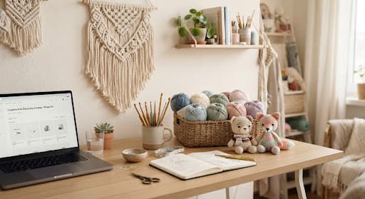 A studio table with pastel yarn skeins, crochet hooks and a part-finished macramé piece