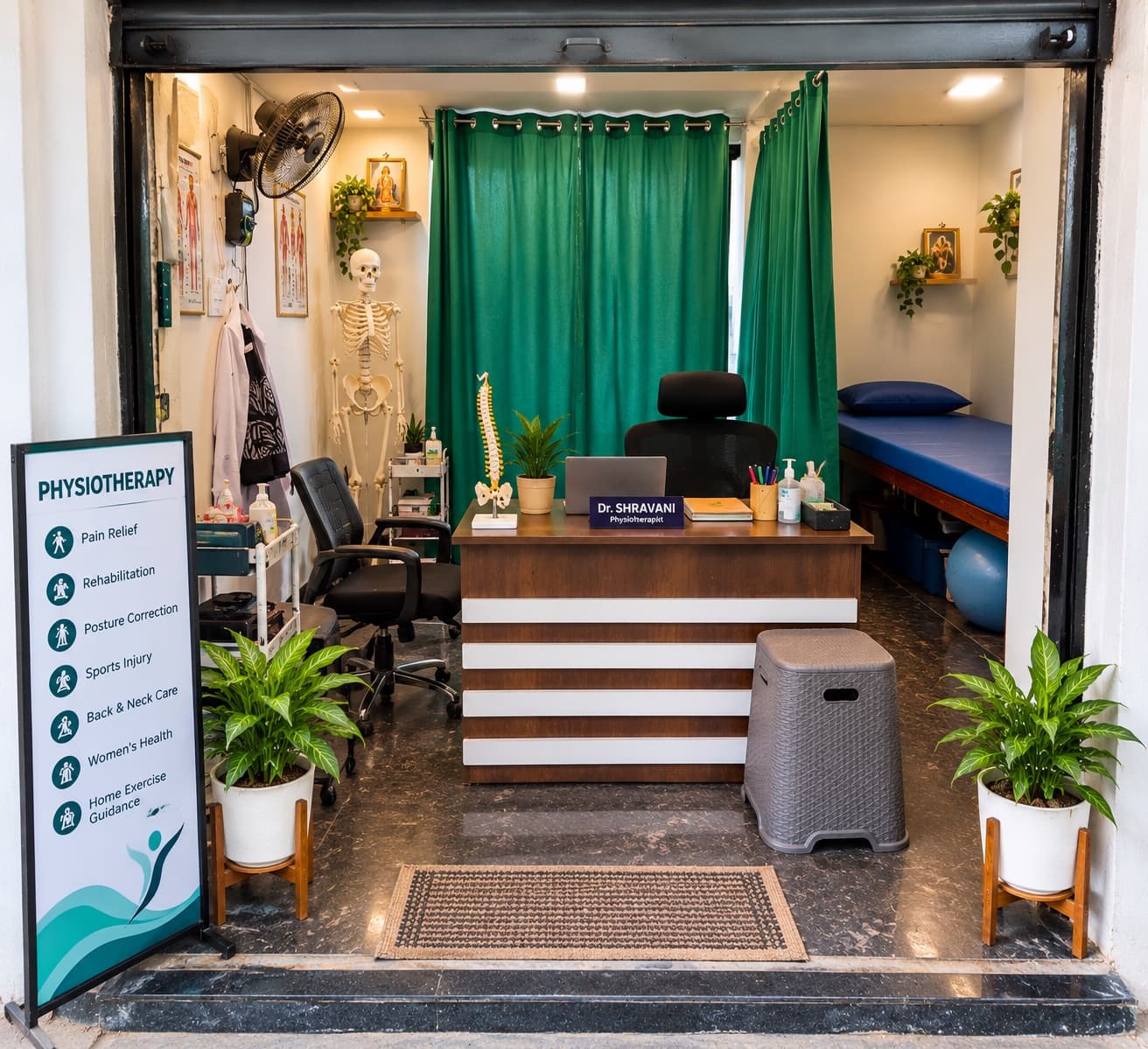 Entrance of Dr. Sravani's physiotherapy clinic: a desk with a name plate, anatomy skeleton, green curtains and a treatment bed, with a services signboard at the door