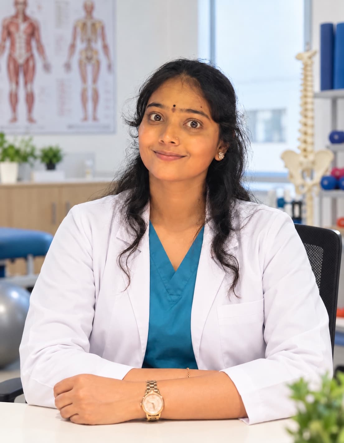 Dr. Sravani, MPT, in a white coat and teal scrubs seated at a desk in the clinic, with an anatomy chart and spine model behind her