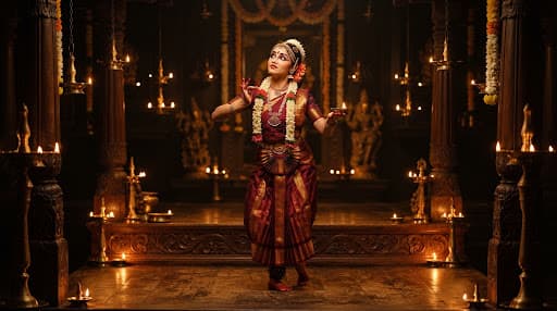 An interpretive temple dance performance lit by soft golden oil lamps on an ornate wooden stage
