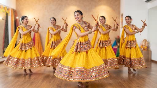Folk dancers in traditional mirror-work attire holding wooden dandiya sticks during a synchronized celebration