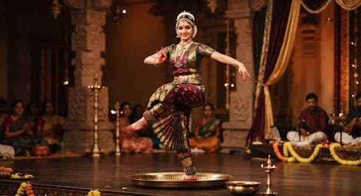 A Kuchipudi dancer balancing on the rim of a polished brass plate under warm temple lighting