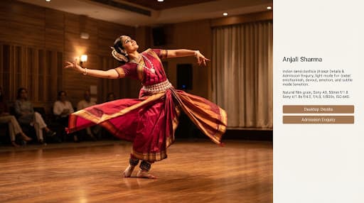 A semi-classical dancer executing a sweeping lyrical posture with flowing fabric in an acoustic dance hall