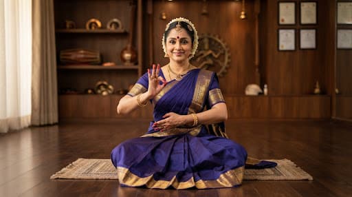 Guru Dr Sravani demonstrating a classical Kuchipudi hastha mudra in royal indigo and gold temple silk