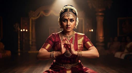 Dramatic abhinaya facial expression and samyuta mudra under a focused spotlight