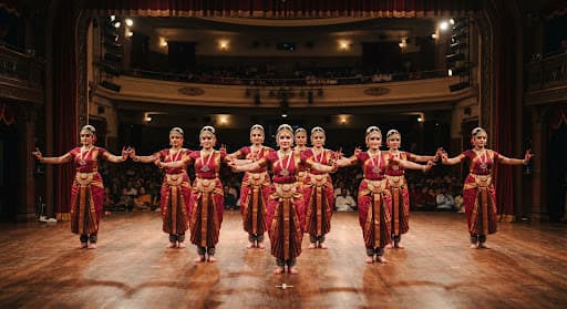 An ensemble of twelve Kuchipudi dancers in symmetrical formation on a grand stage