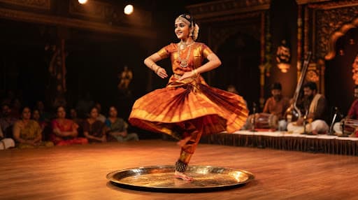 A dancer performing Tarangam footwork on a brass plate, captured mid-spin on an amber stage