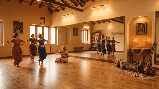 A spacious dance studio with spring-loaded teakwood flooring, wall-to-wall mirrors and brass lamps