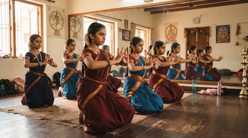 A performing arts classroom with young disciples practising synchronized hand gestures before practice mirrors