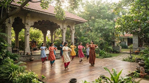 A tranquil open-air pavilion dance gurukul surrounded by greenery and stone pillars