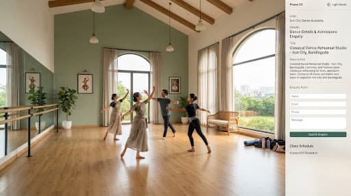 A high-ceiling rehearsal studio with soft natural window light and polished wooden floors