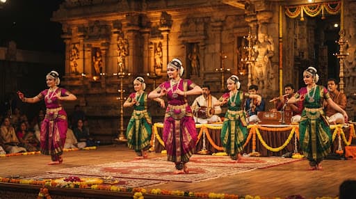 A grand classical Kuchipudi ensemble performing on an ornate temple stage in Hyderabad under warm golden spotlights