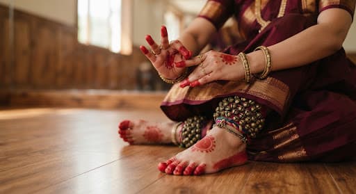 Close-up of a classical dancer's hand mudras with red alta decoration, antique gold bangles and brass ghungroo bells