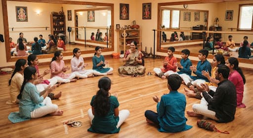 Students seated in a circle in a warm dance studio practising rhythmic footwork and vocal bol chanting