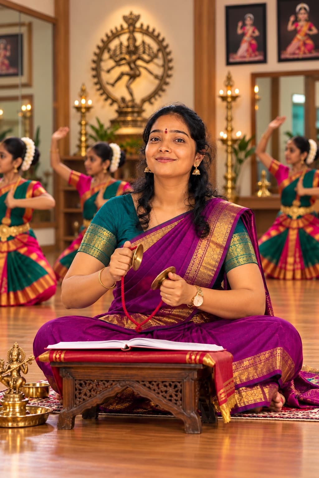 Guru Dr. Sravani seated in a purple silk saree holding temple cymbals, with students dancing behind her in the studio